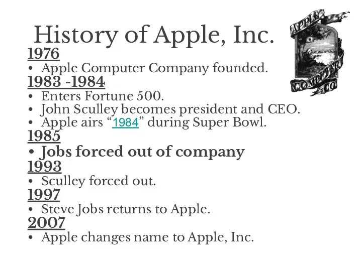 History of Apple, Inc. 1976 Apple Computer Company founded. 1983