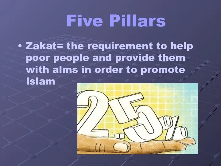 Five Pillars Zakat= the requirement to help poor people and