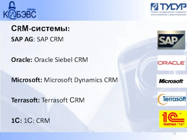 СRМ-системы: SAP AG: SAP CRM Oracle: Oracle Siebel CRM Microsoft: Microsoft Dynamics CRM