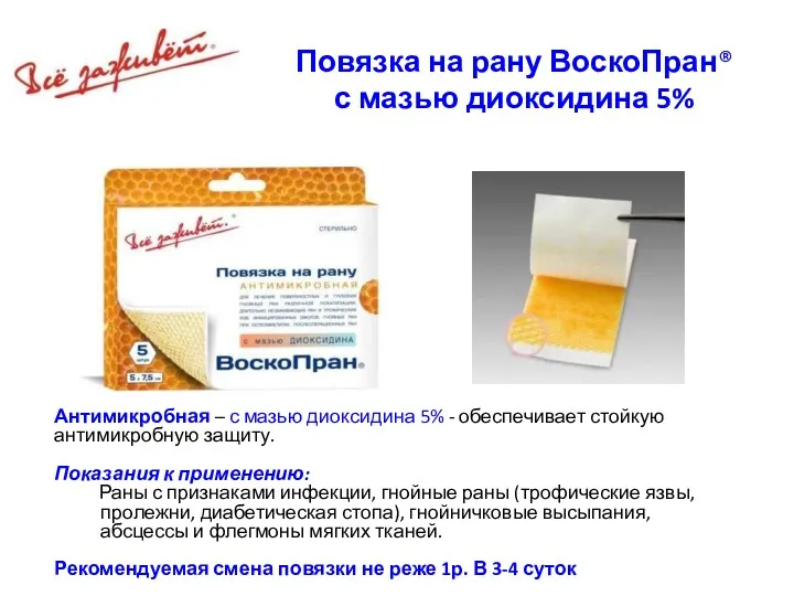 Повязка на рану ВоскоПран® с мазью диоксидина 5% Антимикробная –