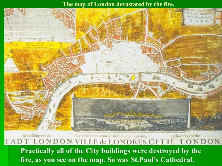 The map of London devastated by the fire. Practically all of the City