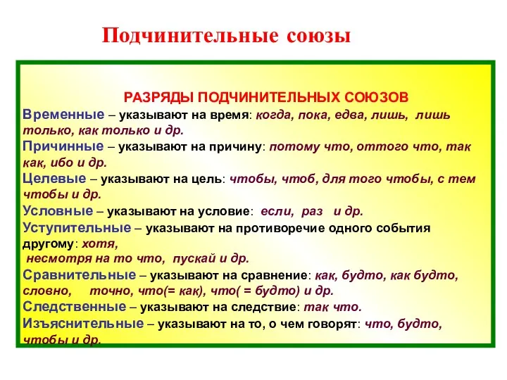 РАЗРЯДЫ ПОДЧИНИТЕЛЬНЫХ СОЮЗОВ Временные – указывают на время: когда, пока,