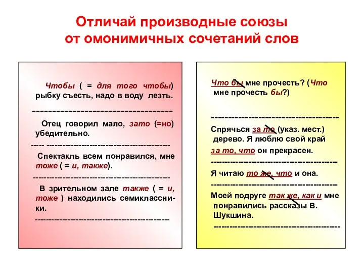 Отличай производные союзы от омонимичных сочетаний слов Чтобы ( =