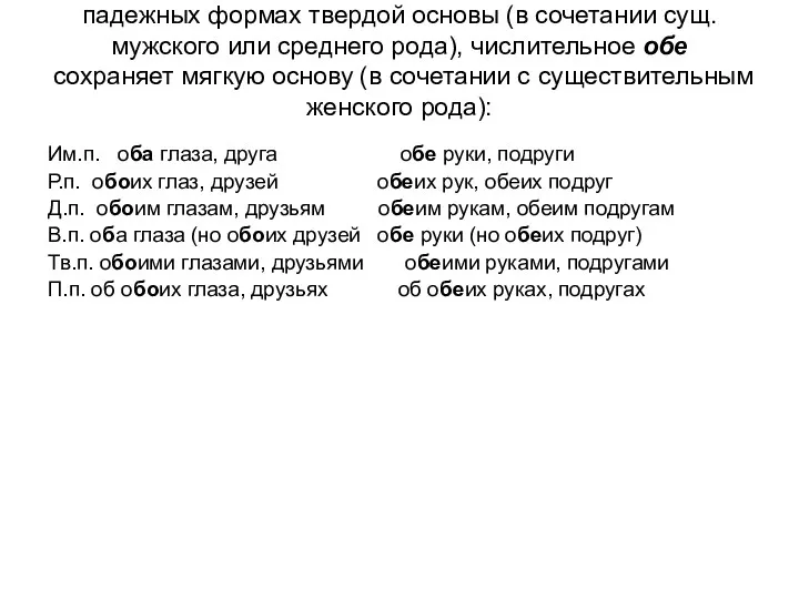 Числительное оба склоняется с сохранением во всех падежных формах твердой