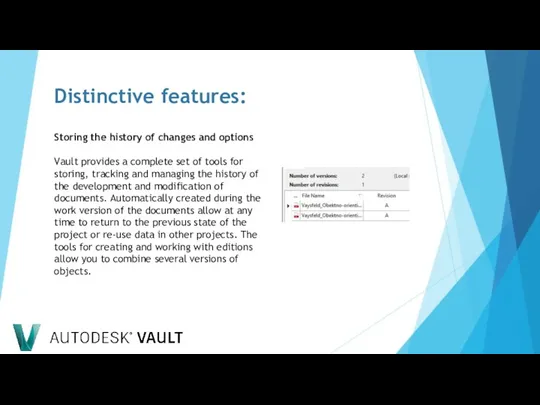 Distinctive features: Storing the history of changes and options Vault