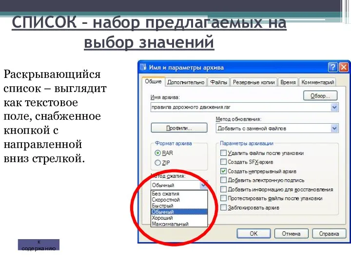 СПИСОК – набор предлагаемых на выбор значений Раскрывающийся список –