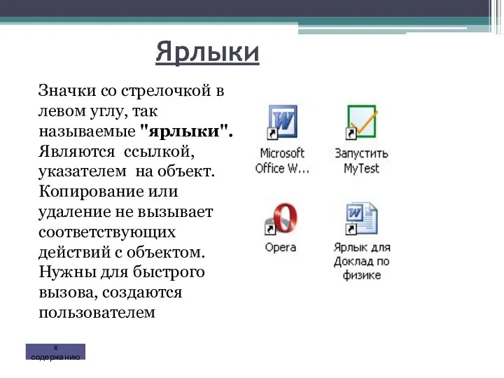 Ярлыки Значки со стрелочкой в левом углу, так называемые "ярлыки".