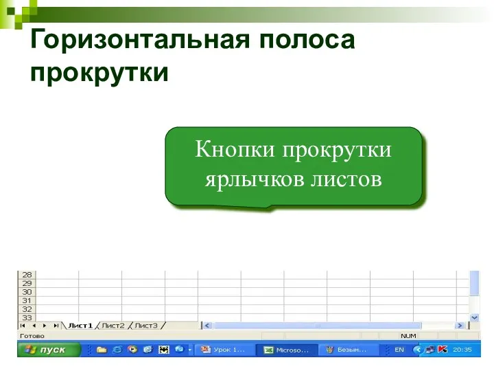 Горизонтальная полоса прокрутки Кнопки прокрутки ярлычков листов