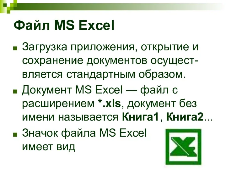 Файл MS Excel Загрузка приложения, открытие и сохранение документов осущест-вляется