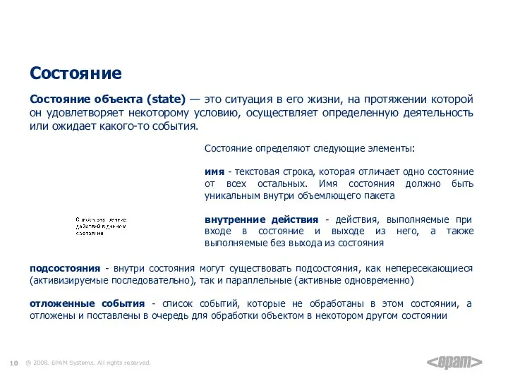 Элементы диаграммы состояний Состояние Состояние объекта (state) — это ситуация