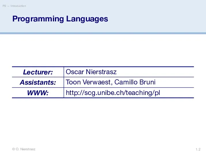 © O. Nierstrasz PS — Introduction 1. Programming Languages