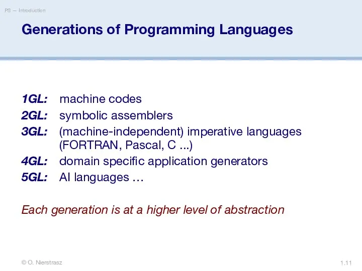 © O. Nierstrasz PS — Introduction 1. Generations of Programming
