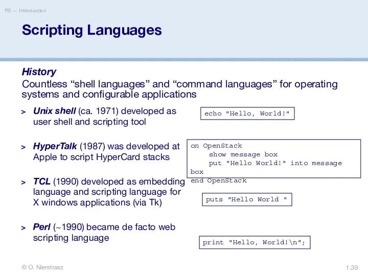 © O. Nierstrasz PS — Introduction 1. Scripting Languages History