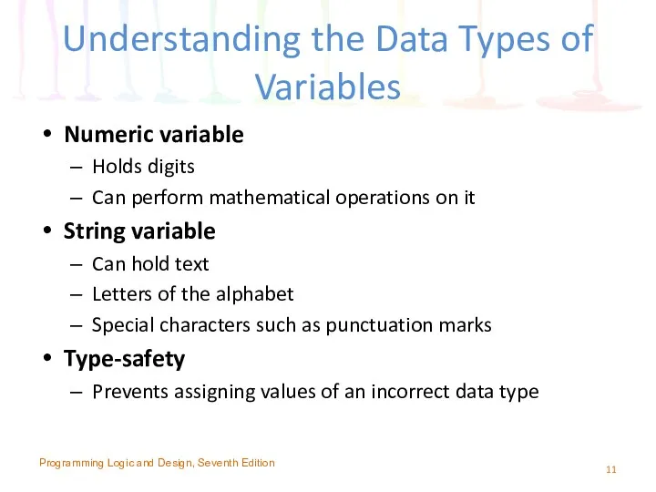 Understanding the Data Types of Variables Numeric variable Holds digits