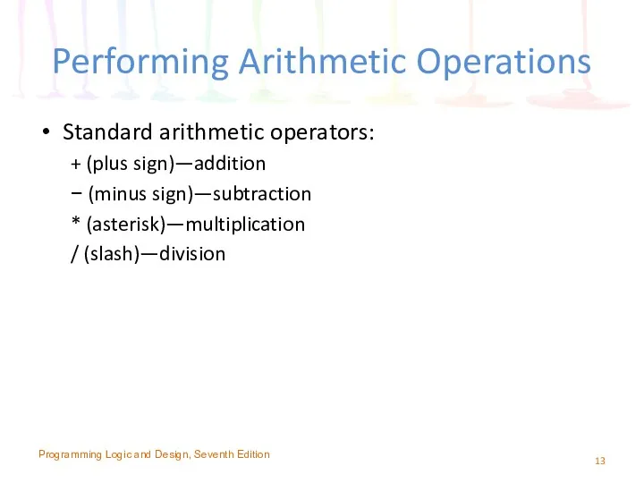 Performing Arithmetic Operations Standard arithmetic operators: + (plus sign)—addition −