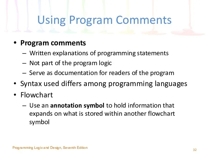 Using Program Comments Program comments Written explanations of programming statements