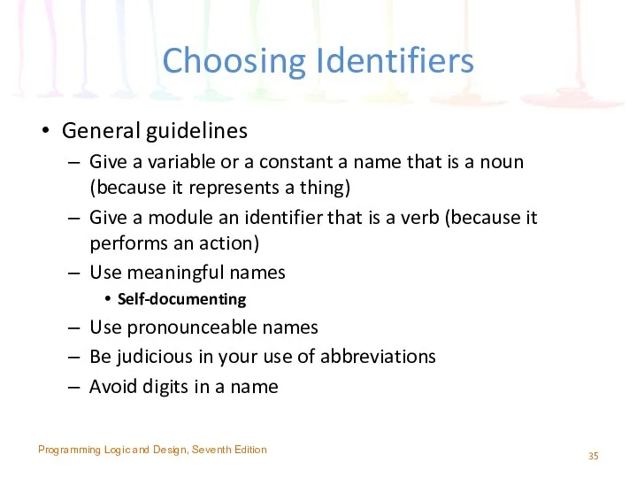 Choosing Identifiers General guidelines Give a variable or a constant