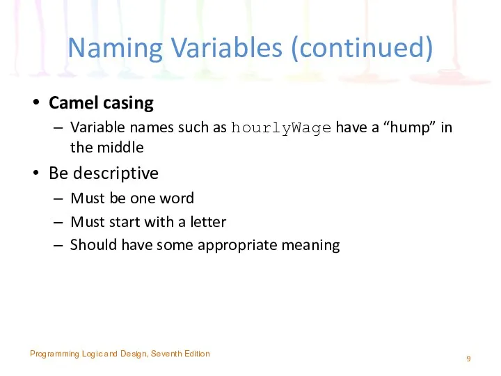 Naming Variables (continued) Camel casing Variable names such as hourlyWage