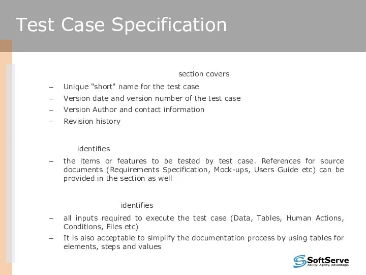 Test Case Specification Identifier section covers Unique "short" name for