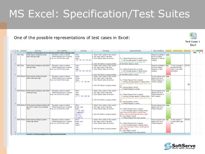 One of the possible representations of test cases in Excel: MS Excel: Specification/Test Suites