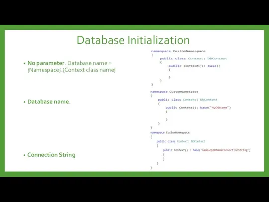 Database Initialization No parameter. Database name = {Namespace}.{Context class name} Database name. Connection String