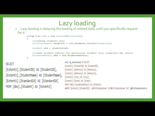 Lazy loading Lazy loading is delaying the loading of related