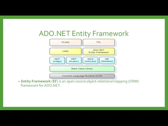 ADO.NET Entity Framework Entity Framework (EF) is an open source object-relational mapping (ORM) framework for ADO.NET.