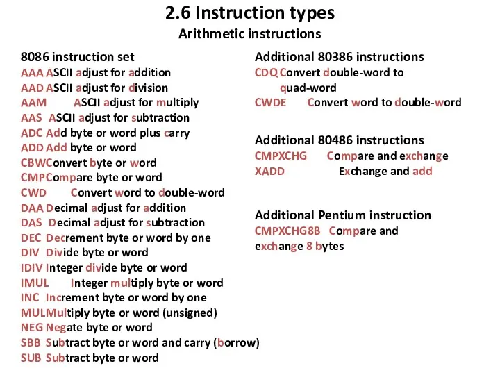 2.6 Instruction types Arithmetic instructions 8086 instruction set AAA ASCII