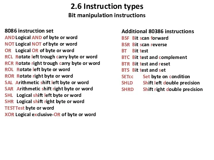 2.6 Instruction types Bit manipulation instructions 8086 instruction set AND