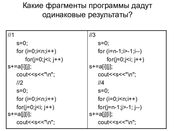 Какие фрагменты программы дадут одинаковые результаты?