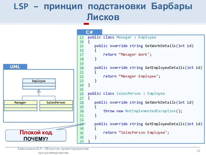 LSP – принцип подстановки Барбары Лисков public class Manager :