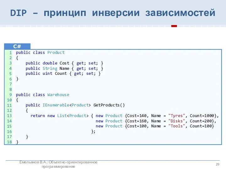 DIP – принцип инверсии зависимостей Емельянов В.А.: Объектно-ориентированное программирование public