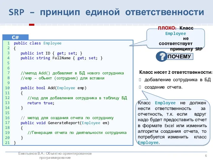 SRP – принцип единой ответственности public class Employee { public