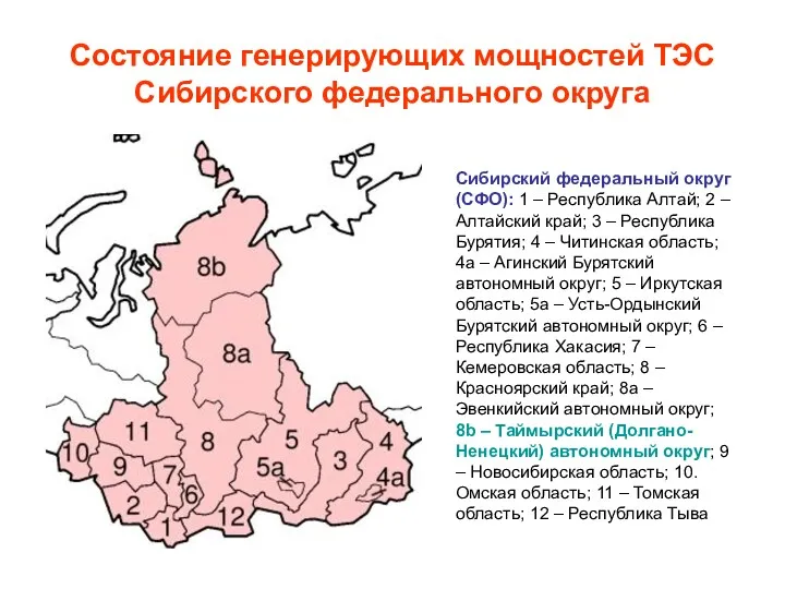 Состояние генерирующих мощностей ТЭС Сибирского федерального округа Сибирский федеральный округ