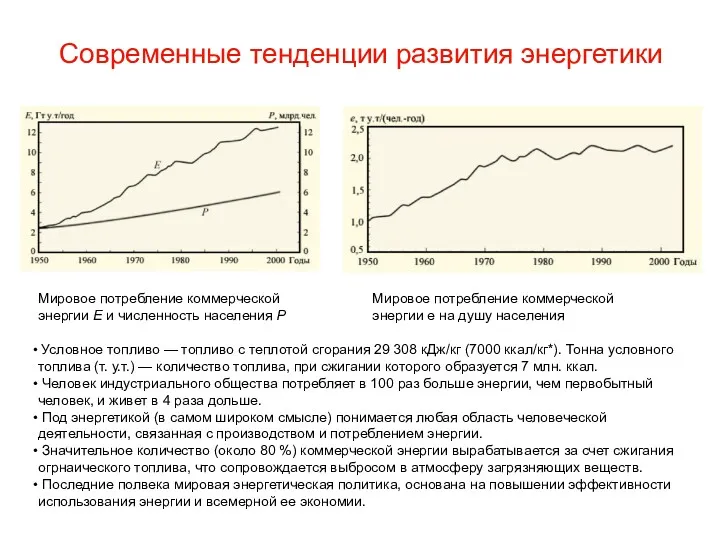 Современные тенденции развития энергетики Мировое потребление коммерческой энергии Е и