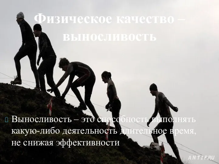 Выносливость – это способность выполнять какую-либо деятельность длительное время, не снижая эффективности Физическое качество – выносливость