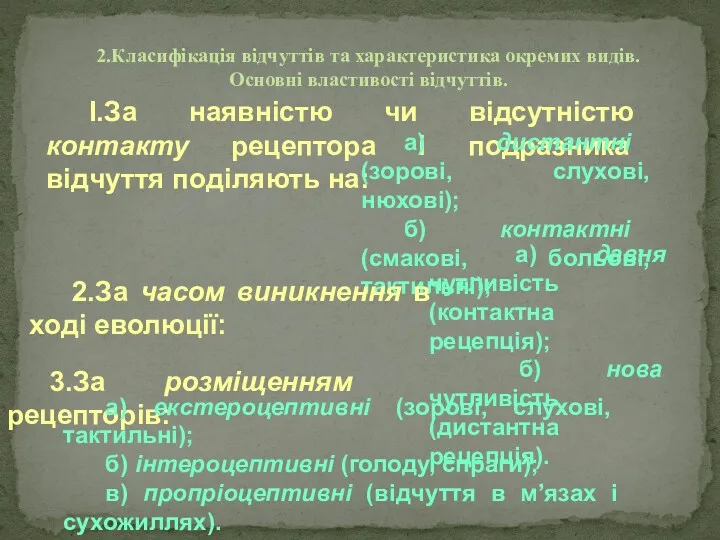 2.Класифікація відчуттів та характеристика окремих видів. Основні властивості відчуттів. І.За наявністю чи відсутністю