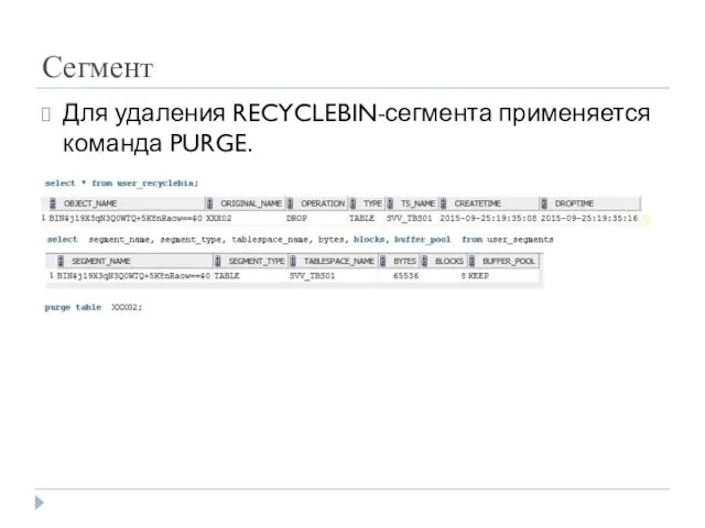 Сегмент Для удаления RECYCLEBIN-сегмента применяется команда PURGE.