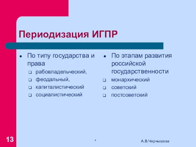 * А.В.Чернышова Периодизация ИГПР По типу государства и права рабовладельческий, феодальный, капиталистический социалистический