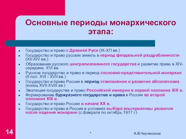 * А.В.Чернышова Основные периоды монархического этапа: Государство и право в Древней Руси (IX-ХП