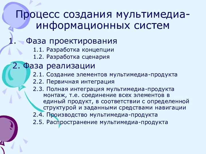 Процесс создания мультимедиа-информационных систем Фаза проектирования 1.1. Разработка концепции 1.2.