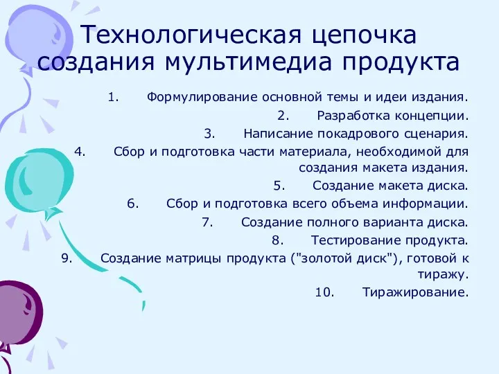 Технологическая цепочка создания мультимедиа продукта Формулирование основной темы и идеи