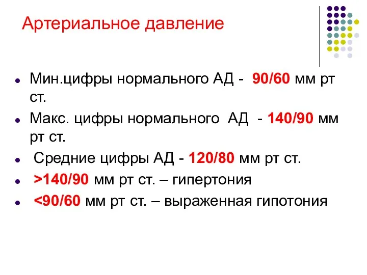 Артериальное давление Мин.цифры нормального АД - 90/60 мм рт ст.