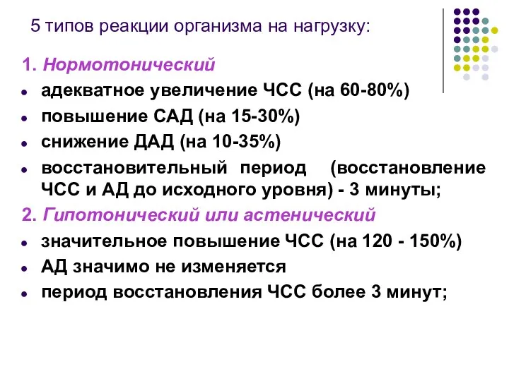 5 типов реакции организма на нагрузку: 1. Нормотонический адекватное увеличение