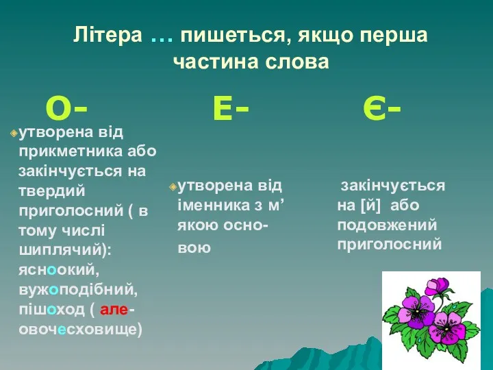 Літера … пишеться, якщо перша частина слова О- Е- Є- утворена від прикметника