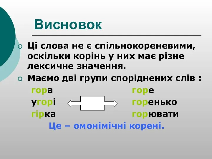 Висновок Ці слова не є спільнокореневими, оскільки корінь у них має різне лексичне