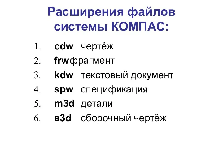 Расширения файлов системы КОМПАС: cdw чертёж frw фрагмент kdw текстовый