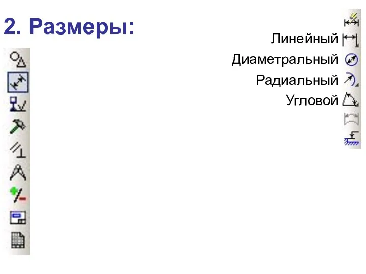 2. Размеры: Линейный Диаметральный Радиальный Угловой