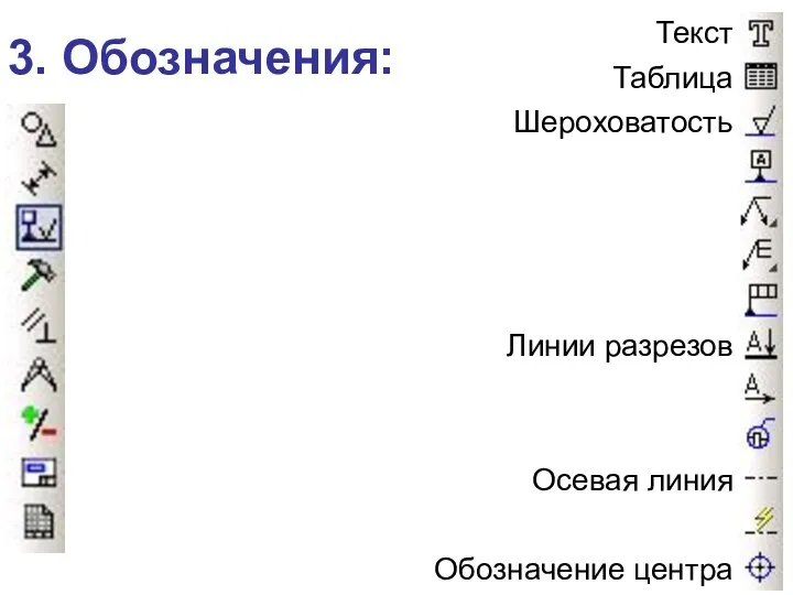 3. Обозначения: Текст Таблица Шероховатость Линии разрезов Осевая линия Обозначение центра