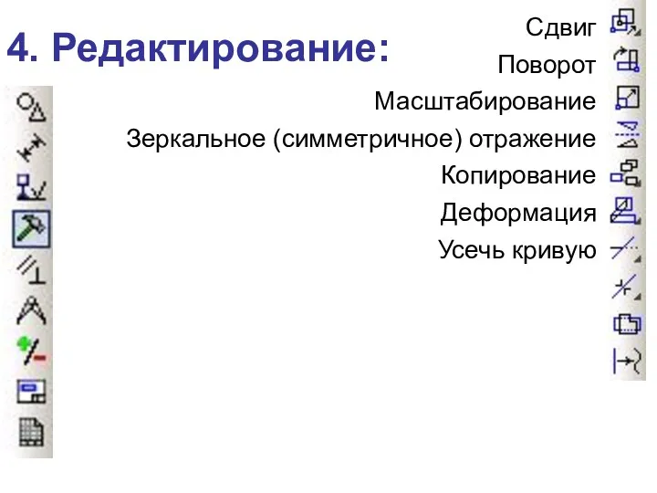 4. Редактирование: Сдвиг Поворот Масштабирование Зеркальное (симметричное) отражение Копирование Деформация Усечь кривую